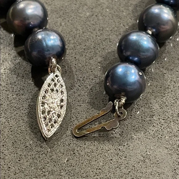 Blue Gray Pearl Necklace with 925 Silver Fish Hook Clasp - Picture 10 of 17